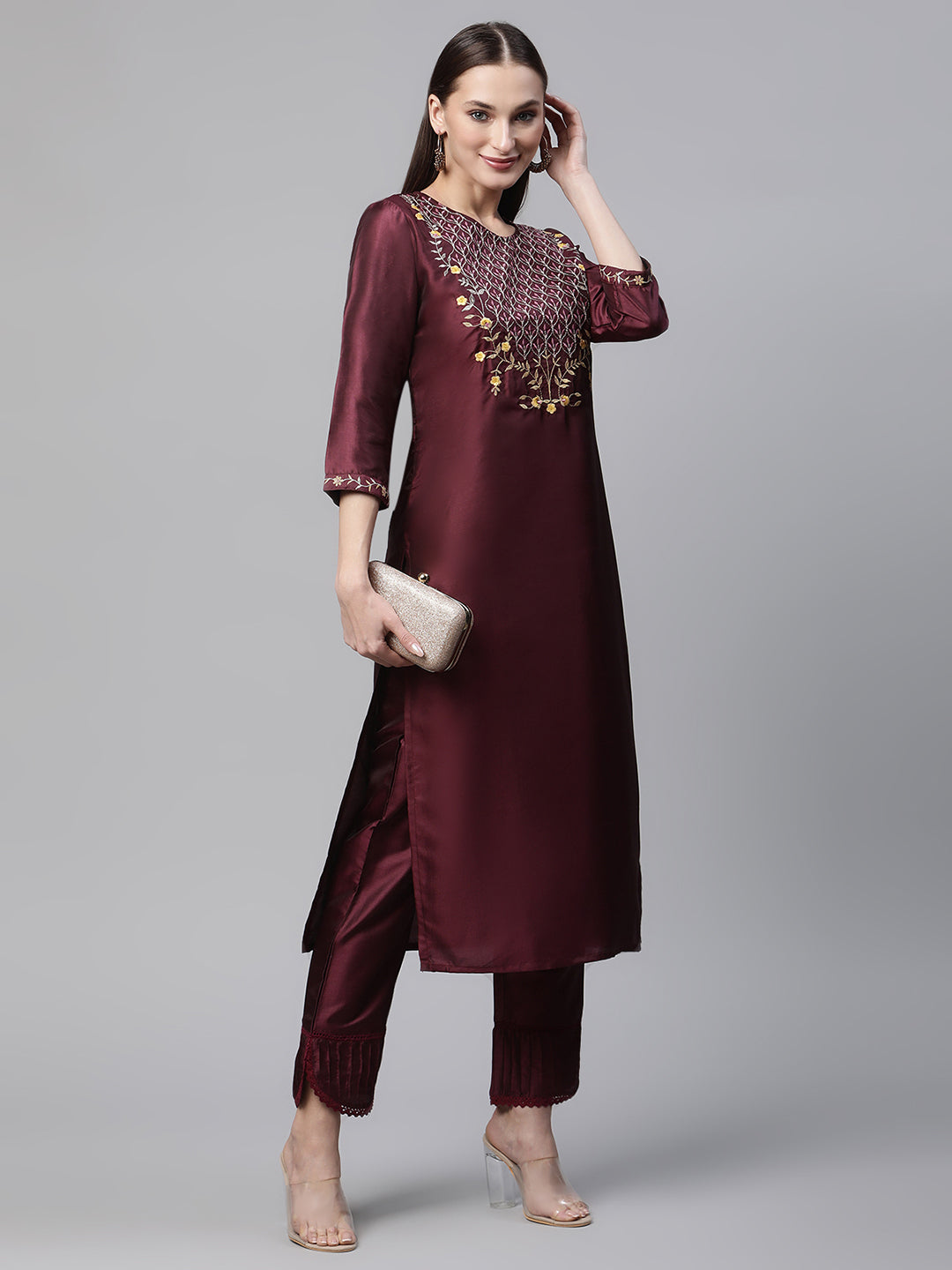 Womens Wine Solid Embroidered Kurta with Trouser