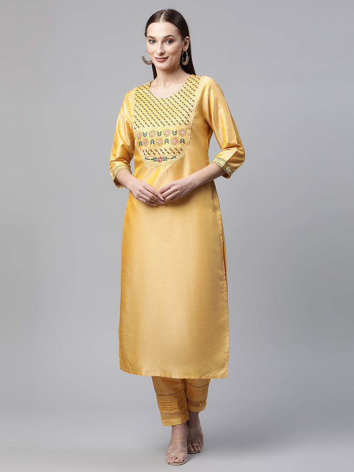 Womens Yellow Solid Embroidered Kurta with Trouser