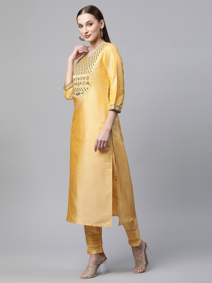 Womens Yellow Solid Embroidered Kurta with Trouser