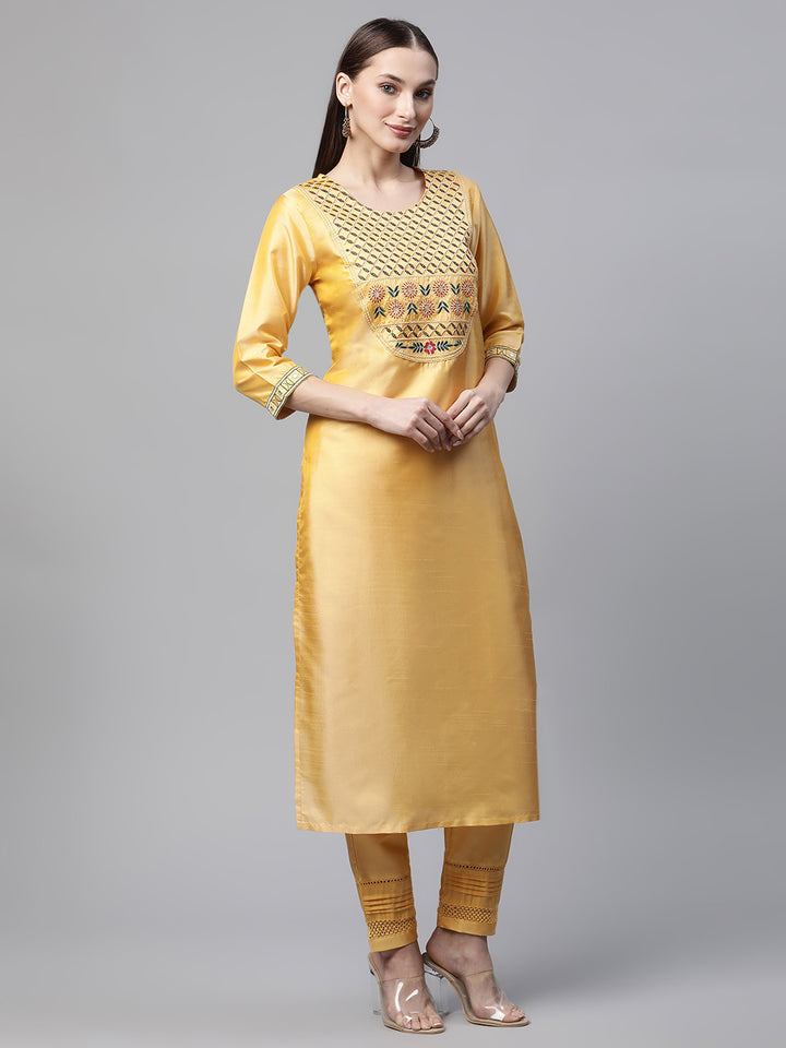 Womens Yellow Solid Embroidered Kurta with Trouser