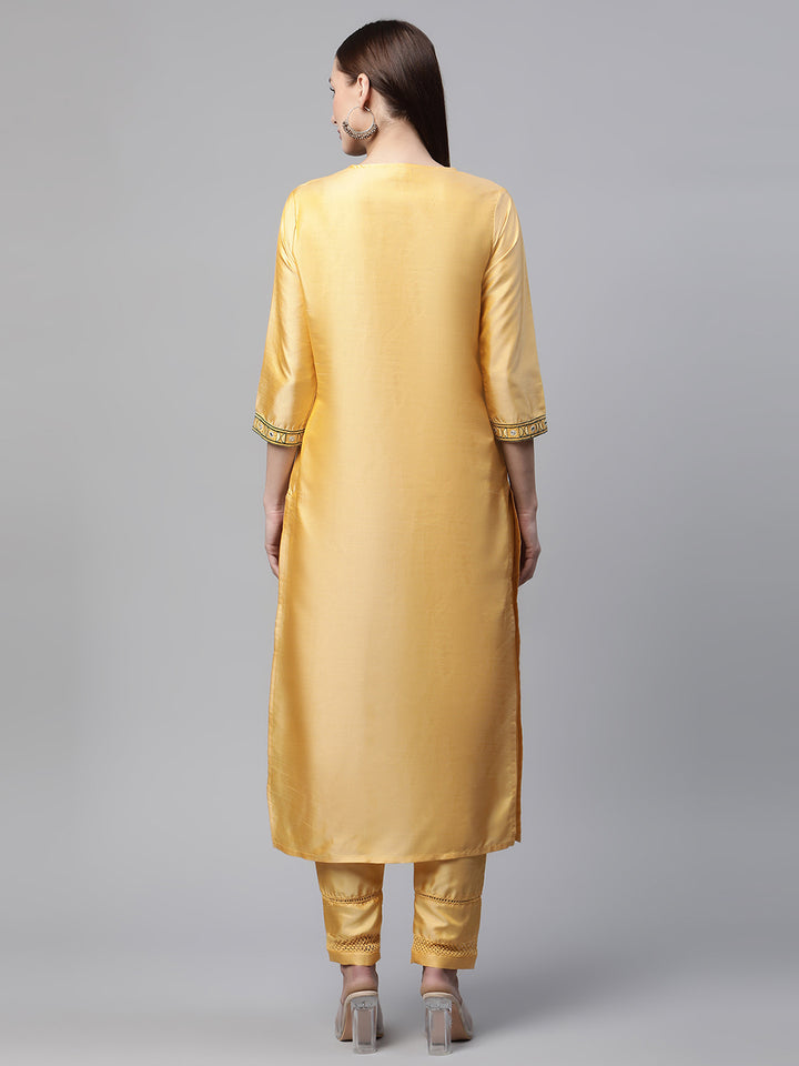 Womens Yellow Solid Embroidered Kurta with Trouser