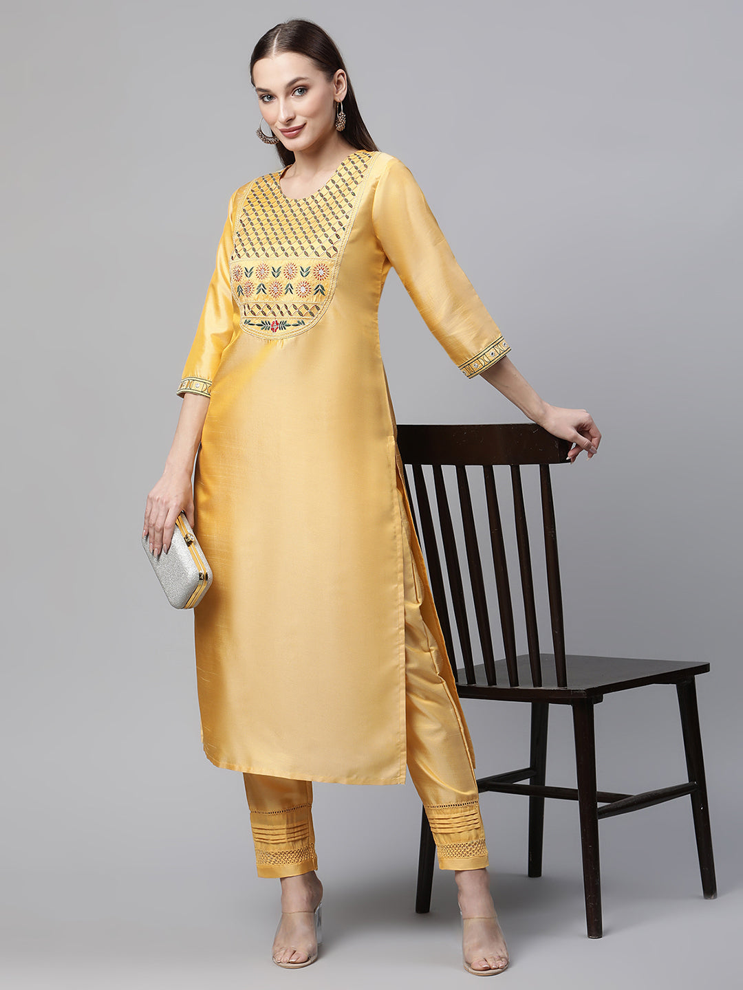 Womens Yellow Solid Embroidered Kurta with Trouser