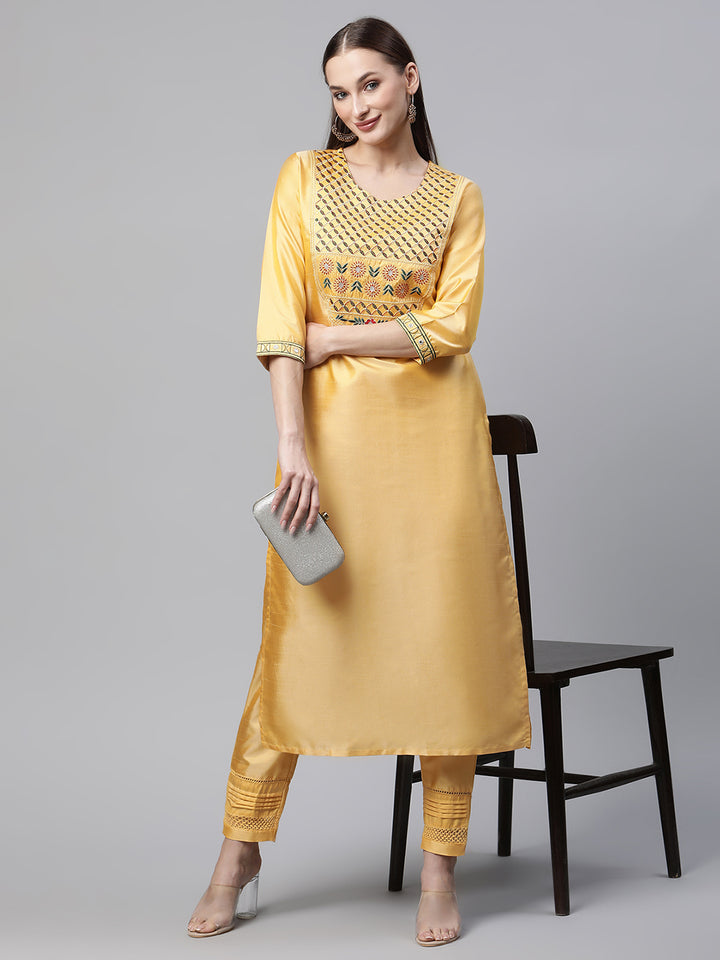 Womens Yellow Solid Embroidered Kurta with Trouser