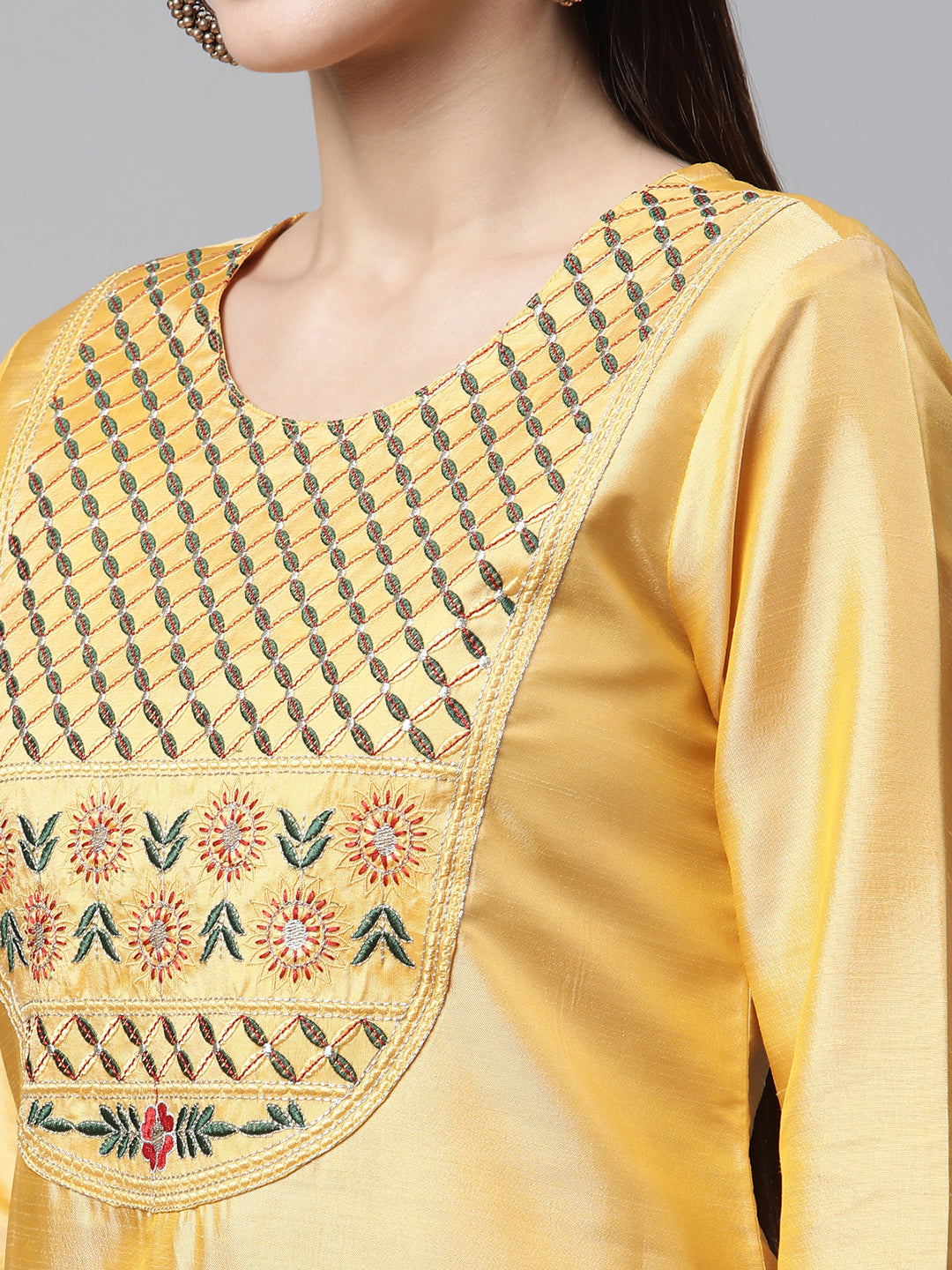 Womens Yellow Solid Embroidered Kurta with Trouser