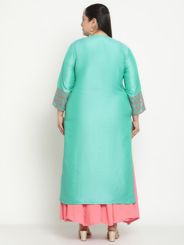 Womens Green Solid Embroidered Plus Size Kurta