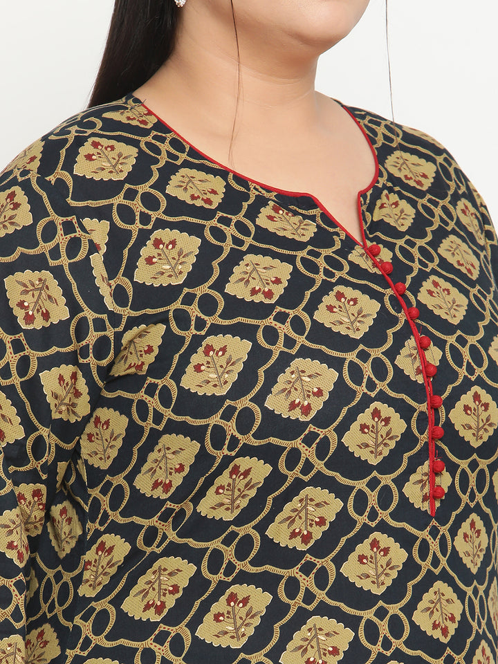 Womens Blue Printed Plus Size Kurta with Trouser and Dupatta