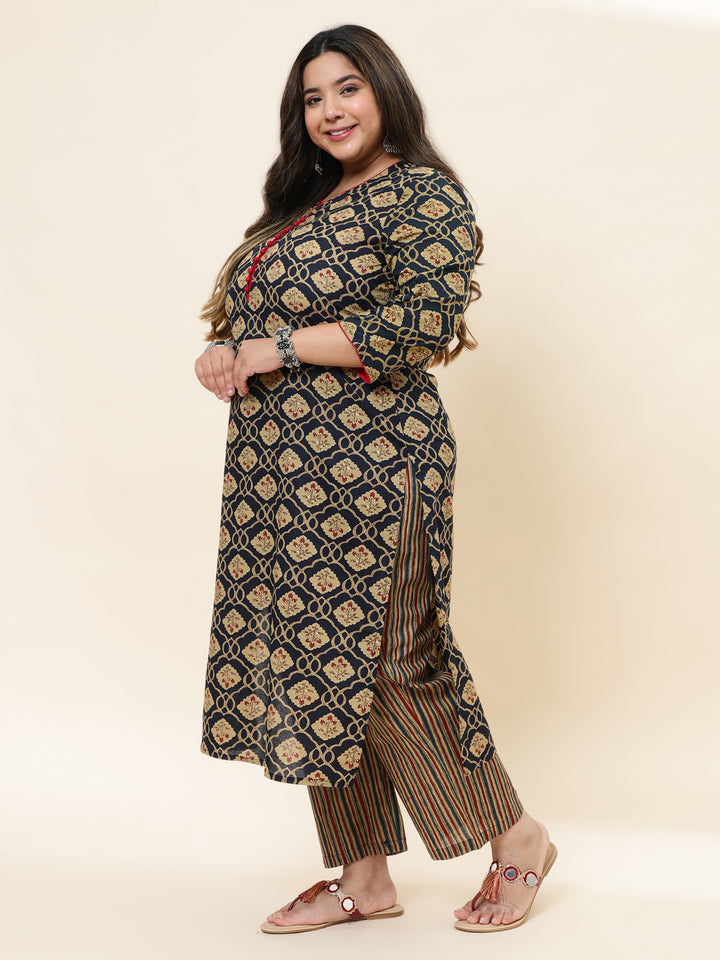 Women Blue Printed Plus Size  Kurta with Trouser