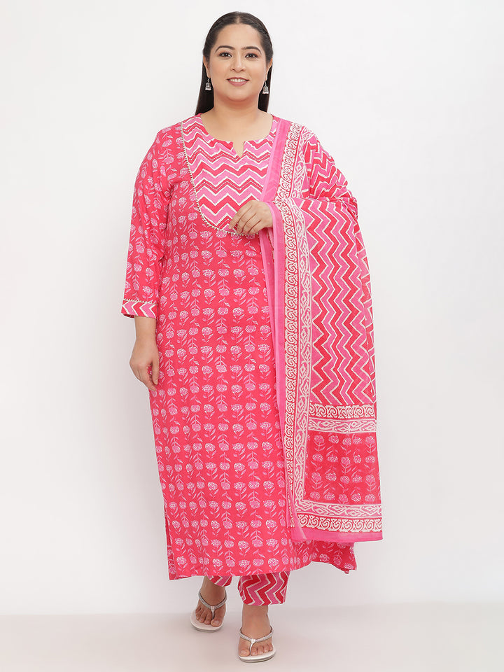 Women Pink Rayon Printed Plus size Kurta with Trousers and Dupatta