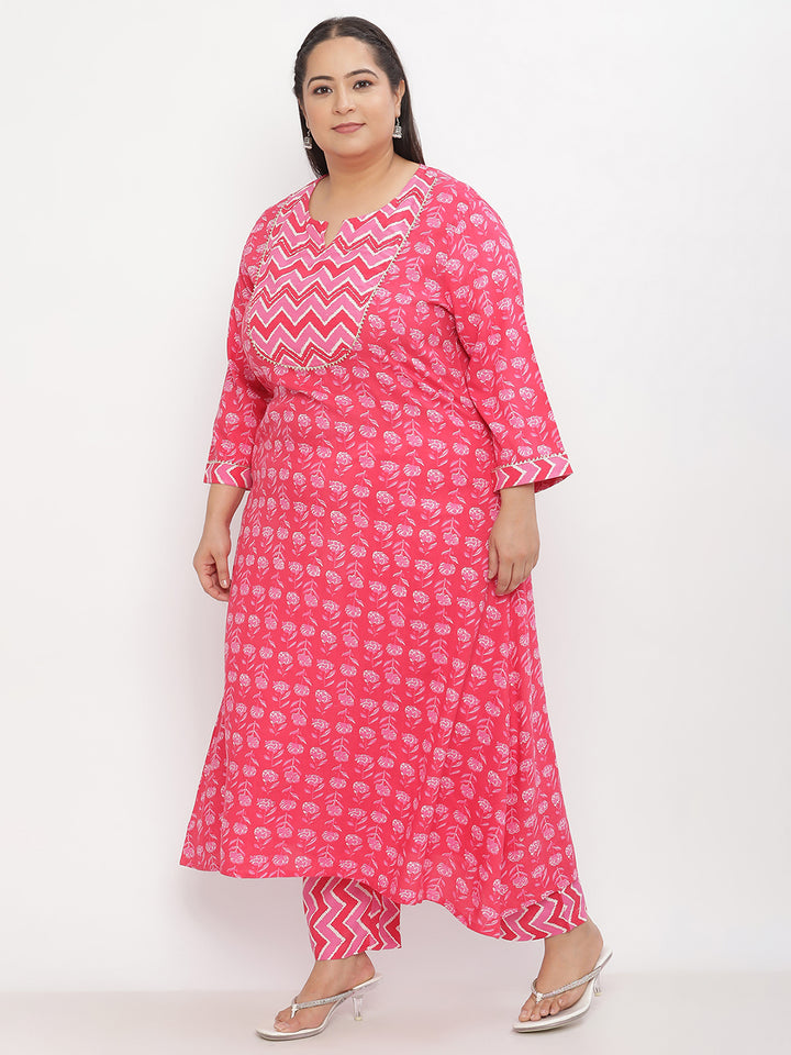 Women Pink Rayon Printed Plus size Kurta with Trousers and Dupatta