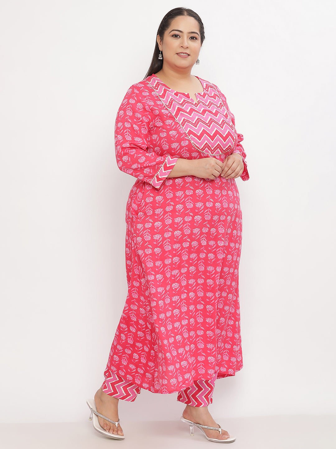 Women Pink Rayon Printed Plus size Kurta with Trousers and Dupatta