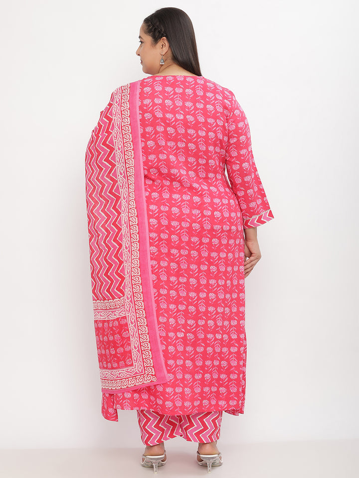 Women Pink Rayon Printed Plus size Kurta with Trousers and Dupatta