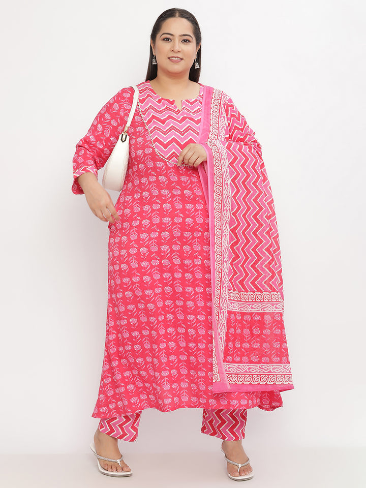 Women Pink Rayon Printed Plus size Kurta with Trousers and Dupatta