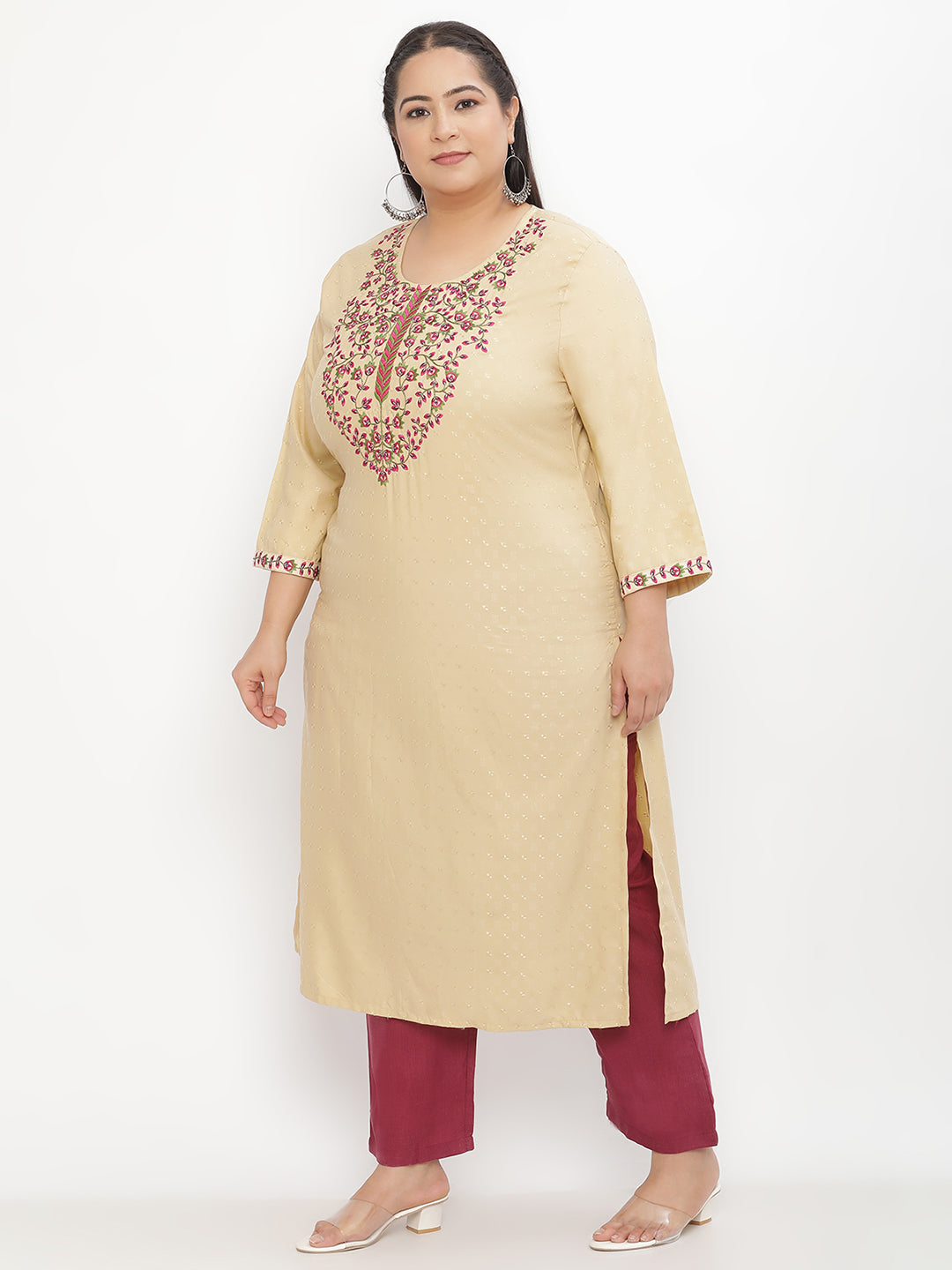 Women Cream Solid Straight Embroiderd Plus Size Kurta