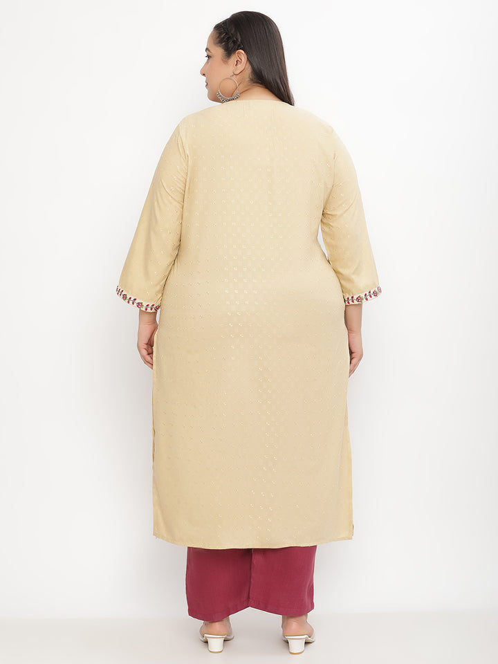 Women Cream Solid Straight Embroiderd Plus Size Kurta