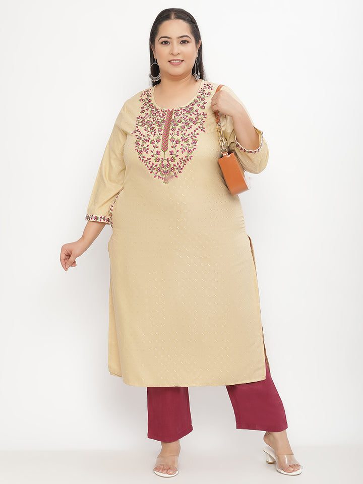 Women Cream Solid Straight Embroiderd Plus Size Kurta