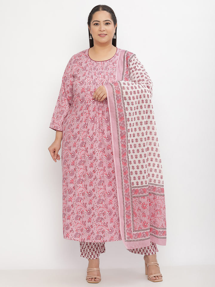 Women Purple Printed Yoke Detail Cotton Plus Size Kurta with Trousers & Dupatta