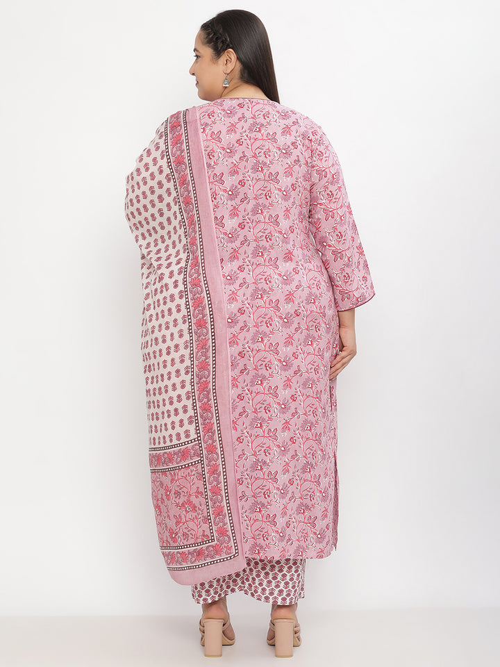 Women Purple Printed Yoke Detail Cotton Plus Size Kurta with Trousers & Dupatta