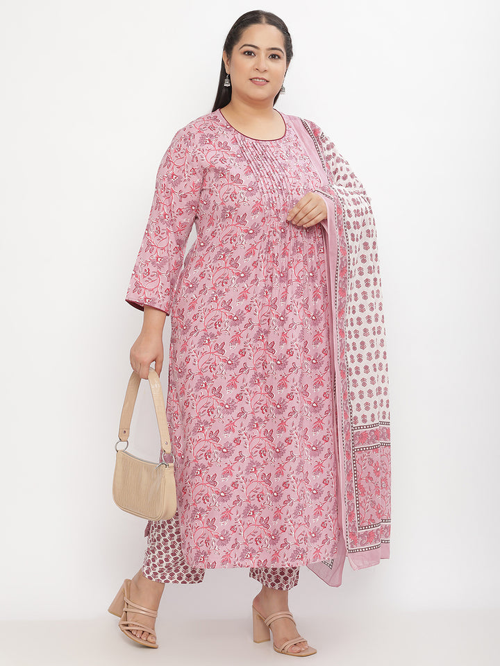 Women Purple Printed Yoke Detail Cotton Plus Size Kurta with Trousers & Dupatta