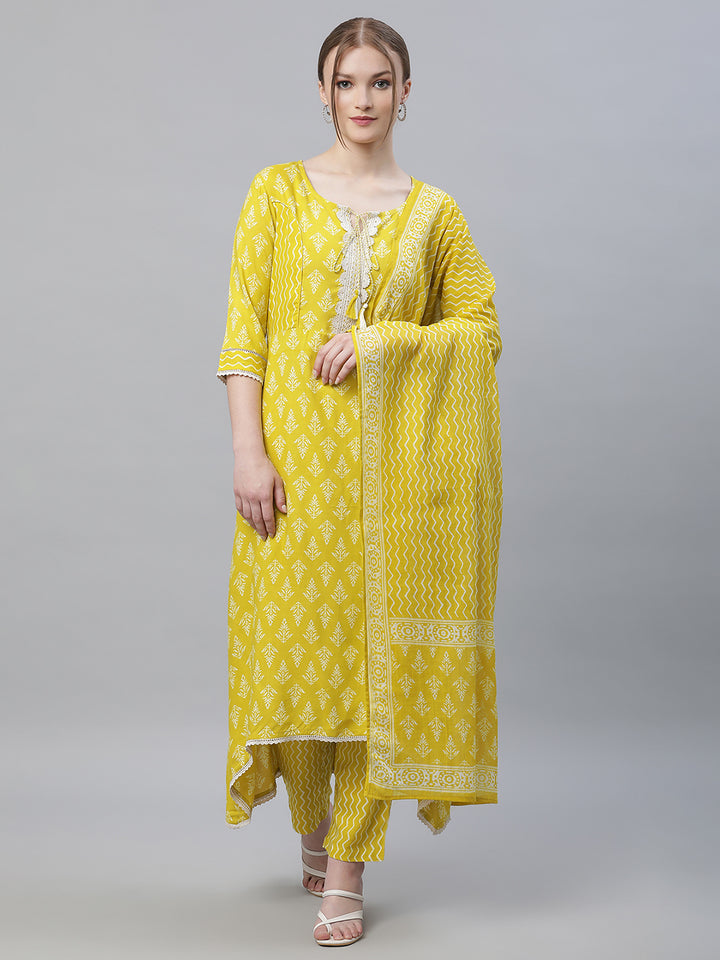 Women Yellow Floral Kurta with Trousers and Dupatta