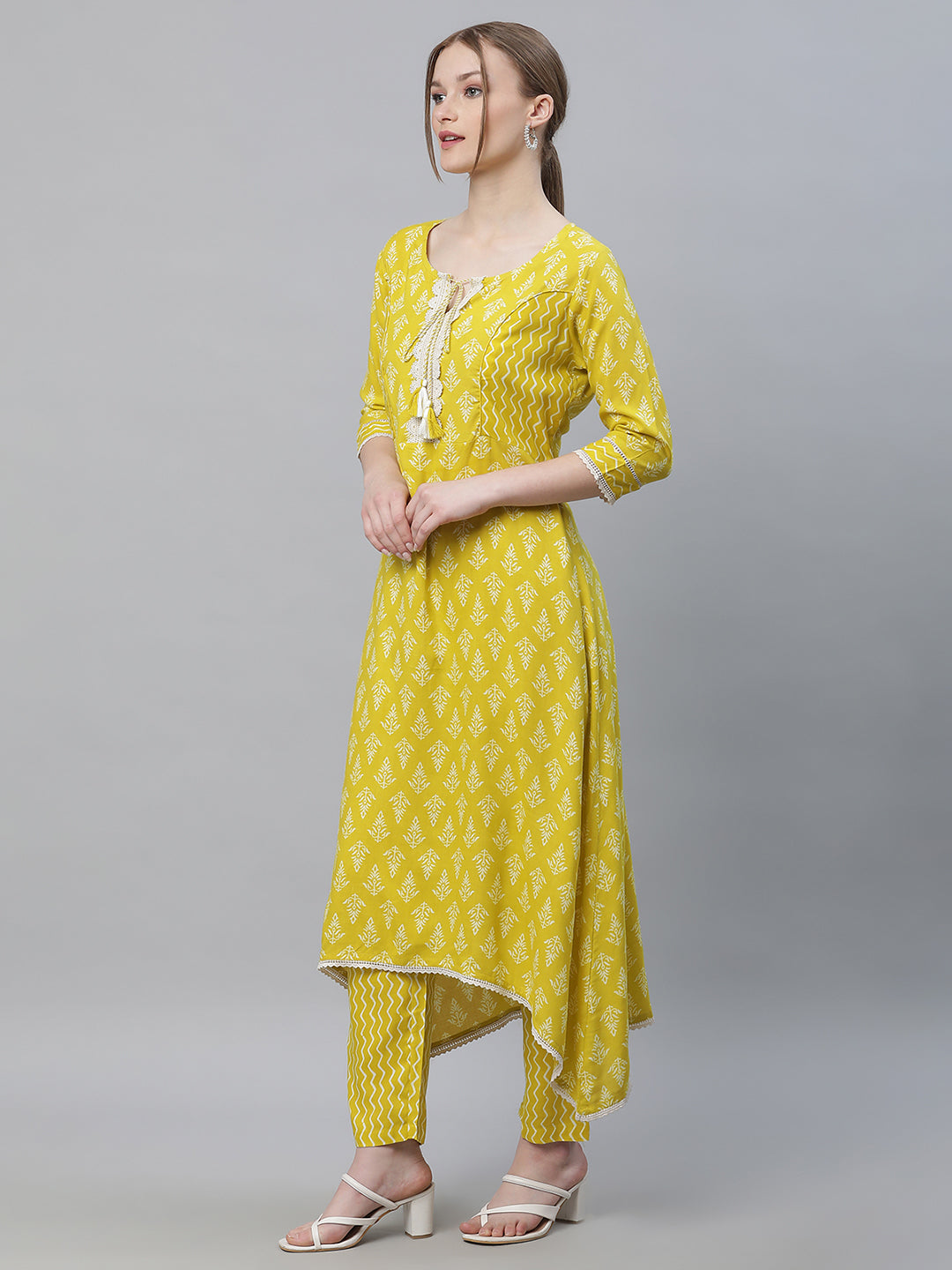 Women Yellow Floral Kurta with Trousers and Dupatta