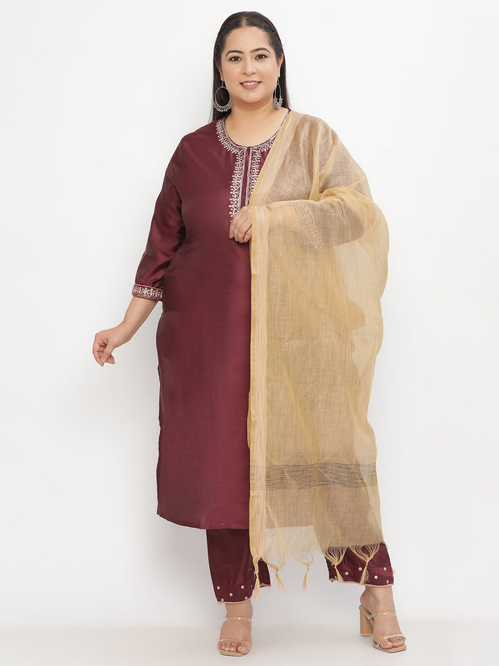 Women Purple Embroidered Plus Size Kurta with Trouser and Dupatta