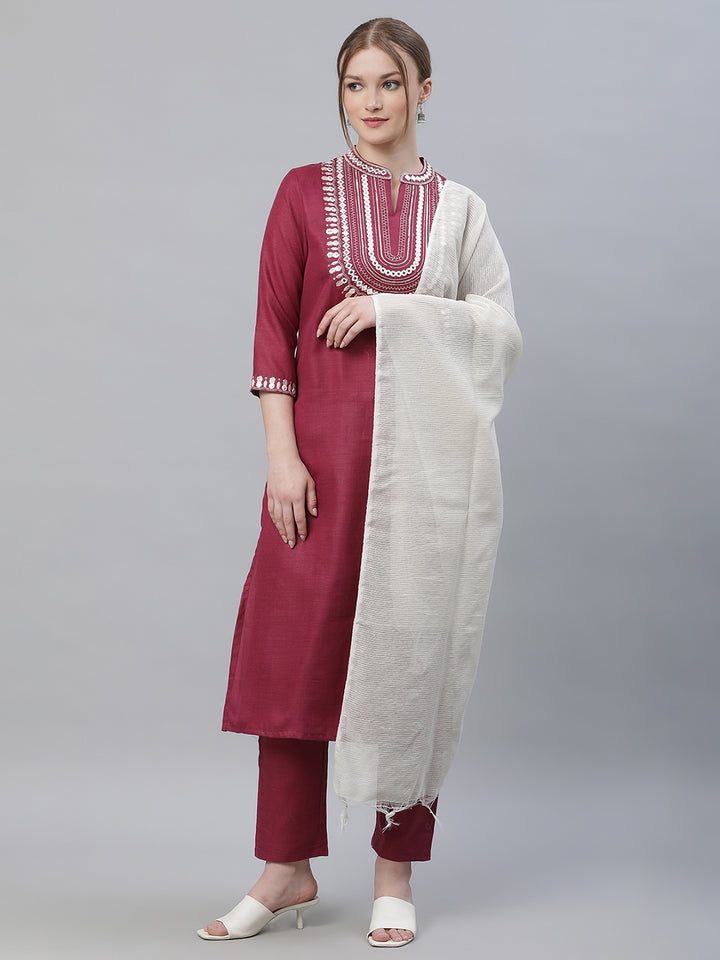 Women Purple Yoke Mirror Embroidery Kurta with Trousers and Handloom Dupatta