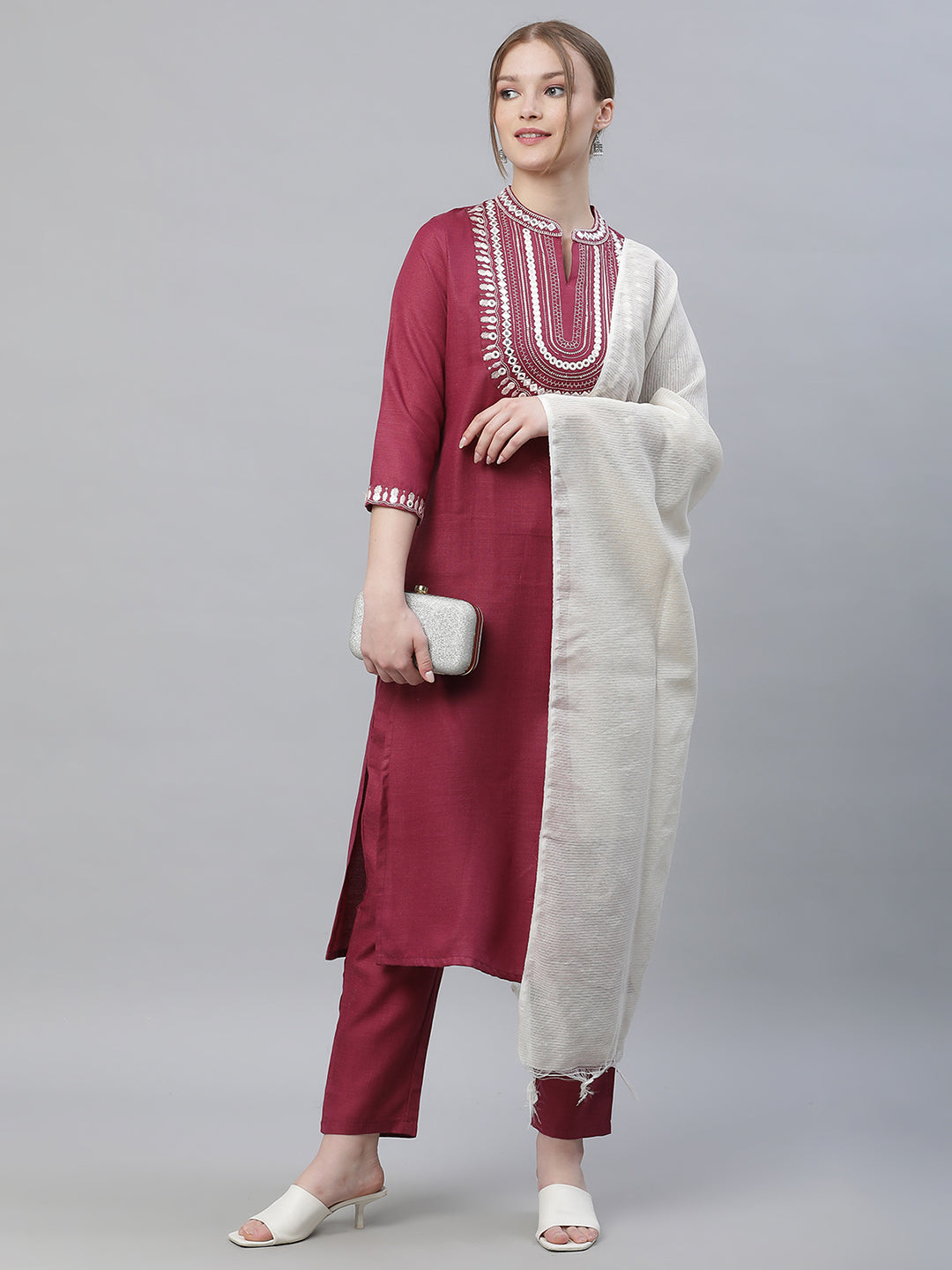 Women Purple Yoke Mirror Embroidery Kurta with Trousers and Handloom Dupatta