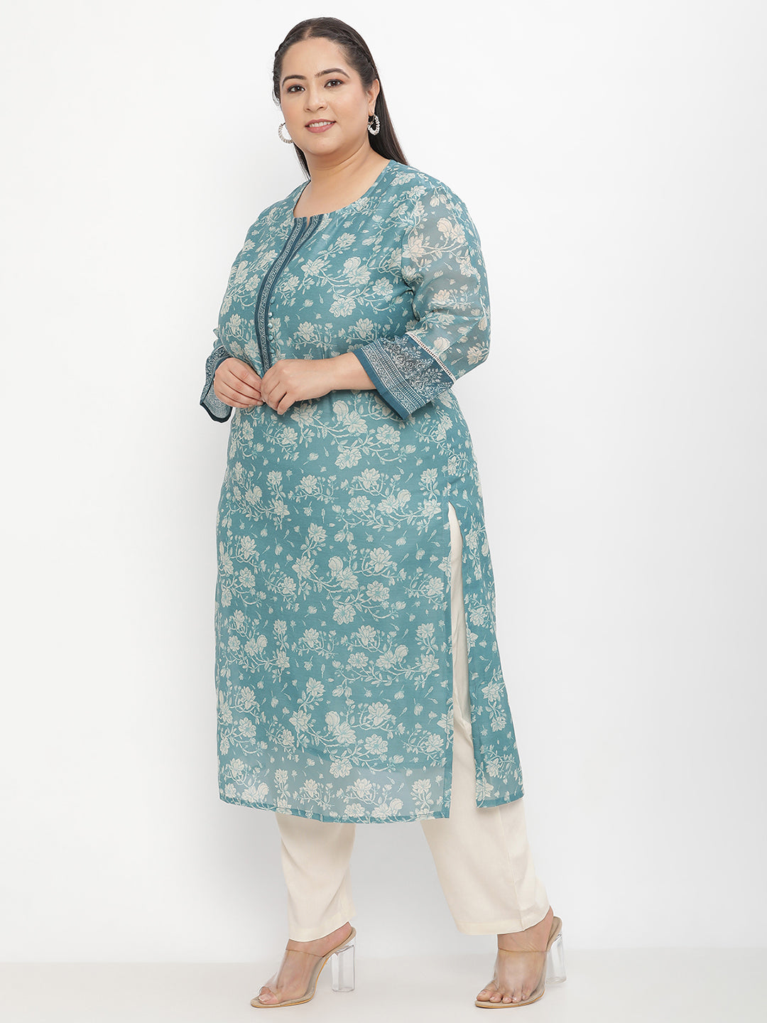 Women Green Floral Printed Plus Size Kurta with Trouser and Dupatta