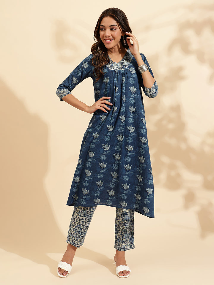 Women Blue Printed Regular size Kurta Set-SC443-CB