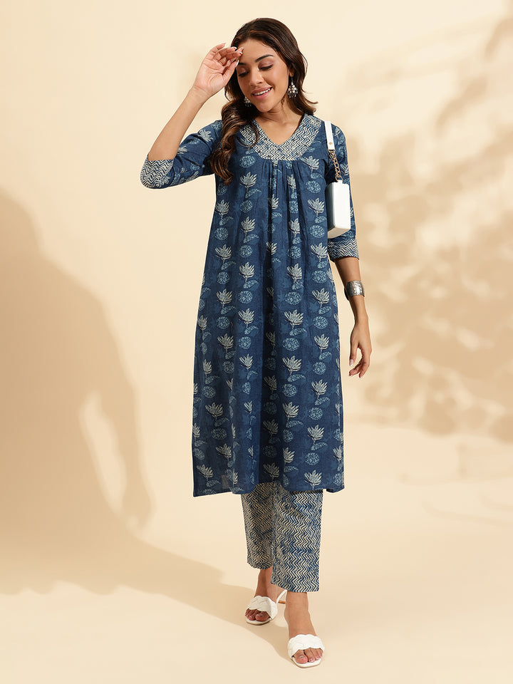 Women Blue Printed Regular size Kurta Set-SC443-CB