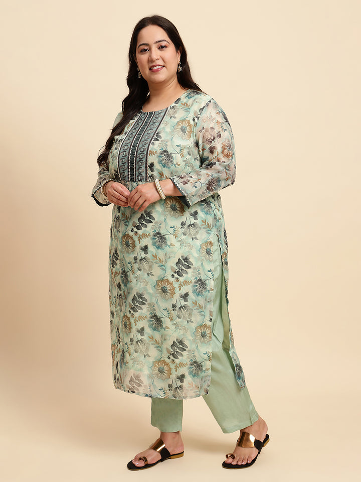 Women Green Printed Plus size Kurta Set with Dupatta-SC444PL-CBD