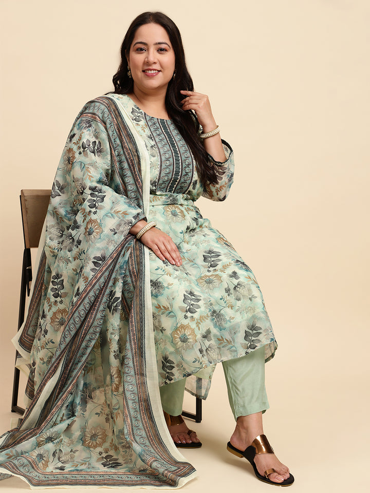 Women Green Printed Plus size Kurta Set with Dupatta-SC444PL-CBD