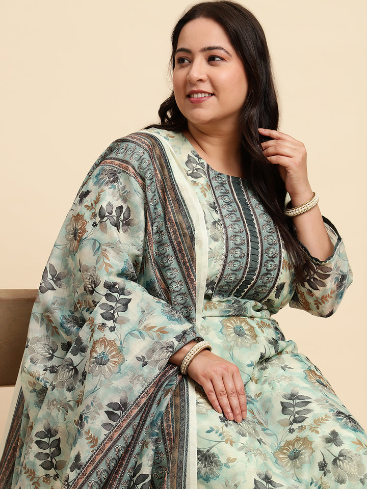 Women Green Printed Plus size Kurta Set with Dupatta-SC444PL-CBD