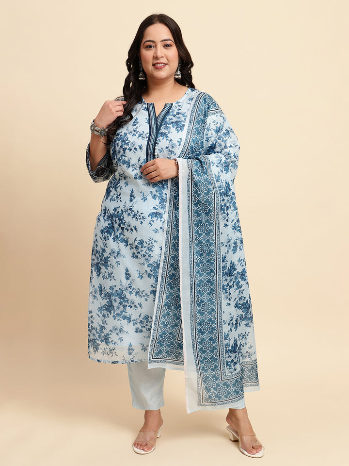 Women Blue Printed Plus size Kurta Set with Dupatta-SC445PL-CBD