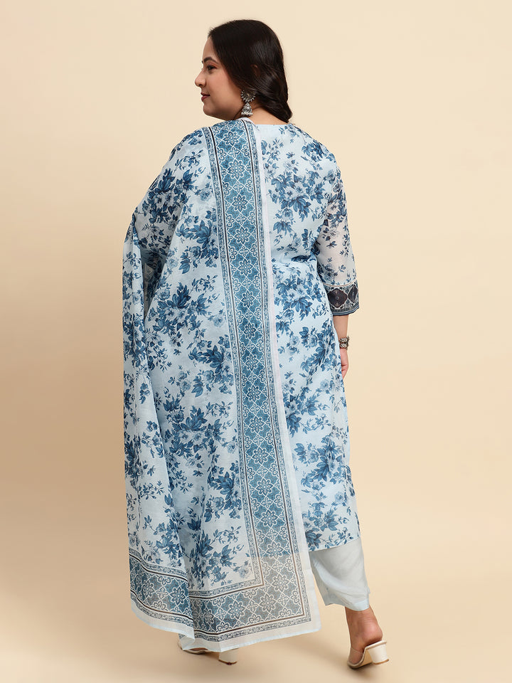 Women Blue Printed Plus size Kurta Set with Dupatta-SC445PL-CBD