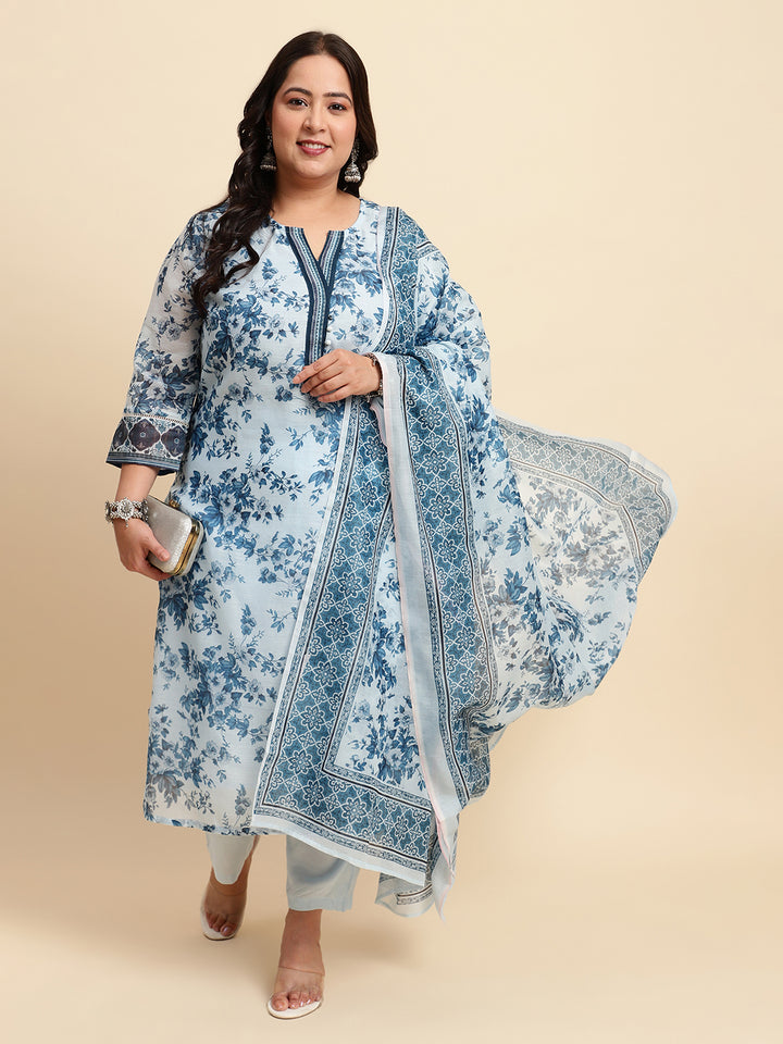 Women Blue Printed Plus size Kurta Set with Dupatta-SC445PL-CBD