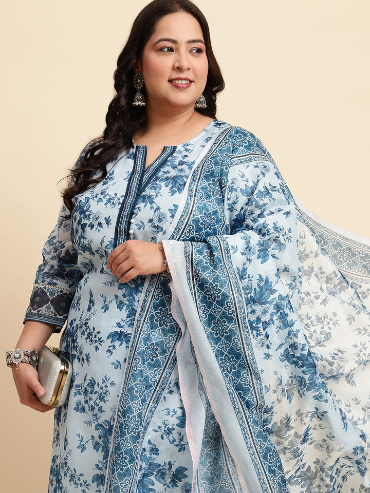 Women Blue Printed Plus size Kurta Set with Dupatta-SC445PL-CBD