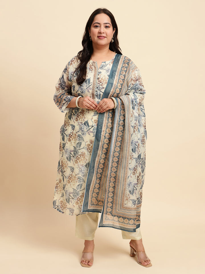 Women White Printed Plus size Kurta Set with Dupatta-SC446PL-CBD