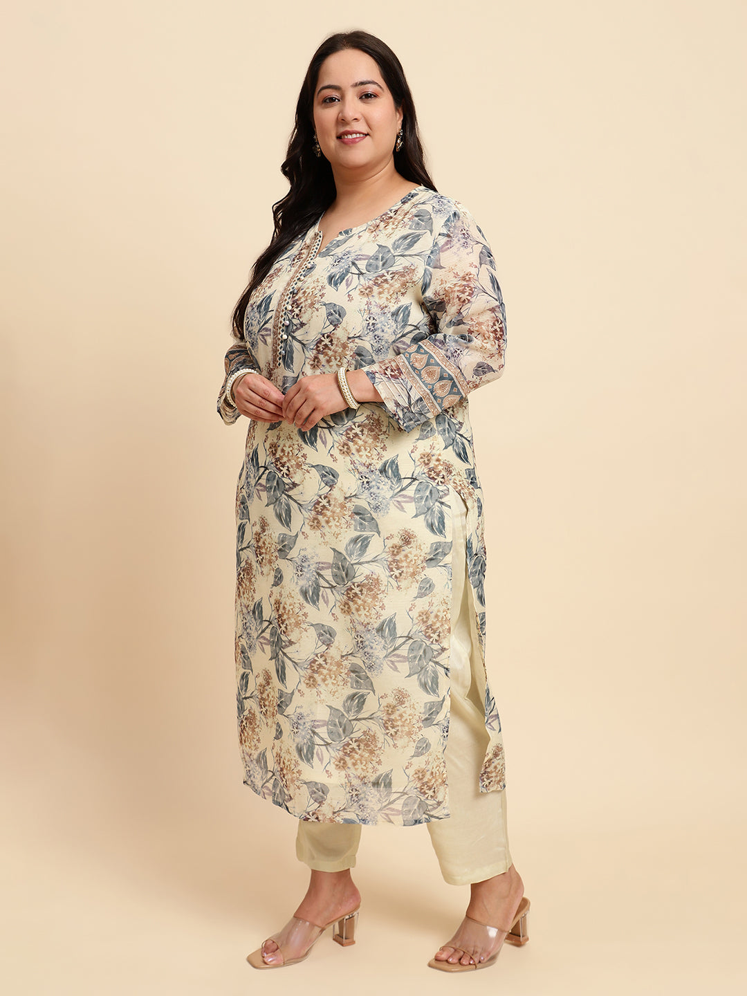 Women White Printed Plus size Kurta Set with Dupatta-SC446PL-CBD