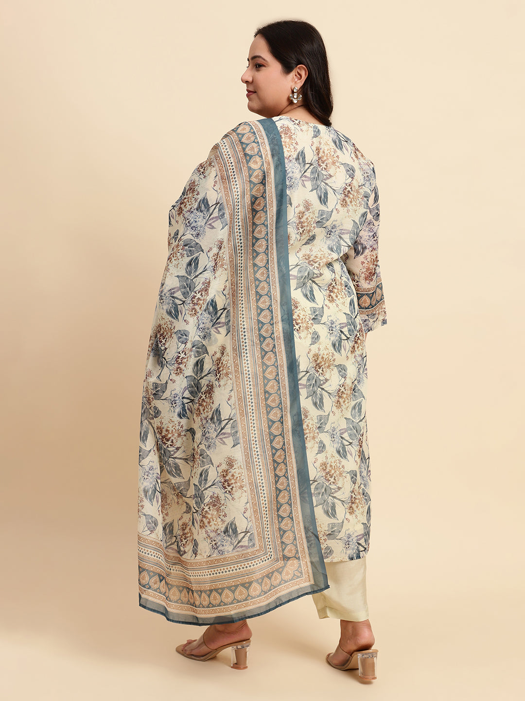 Women White Printed Plus size Kurta Set with Dupatta-SC446PL-CBD