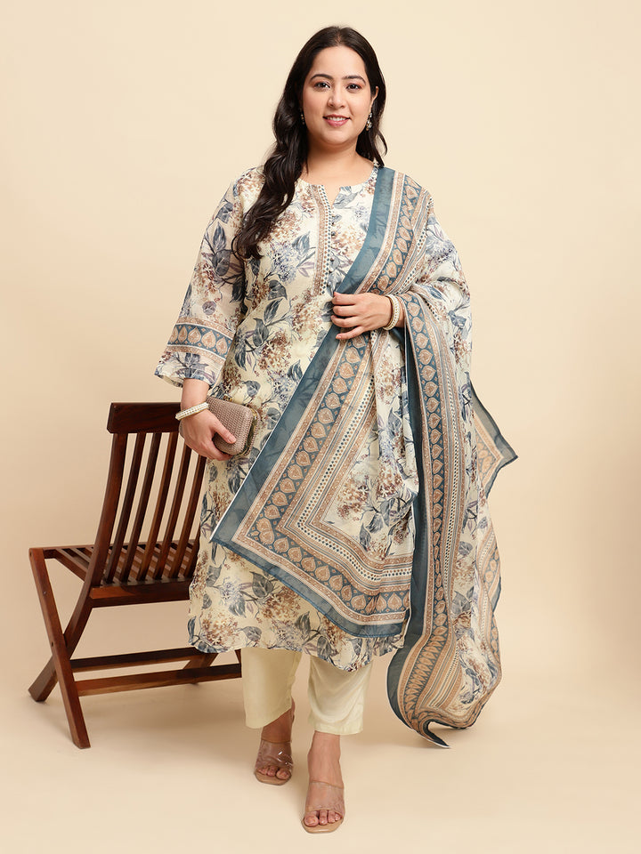 Women White Printed Plus size Kurta Set with Dupatta-SC446PL-CBD