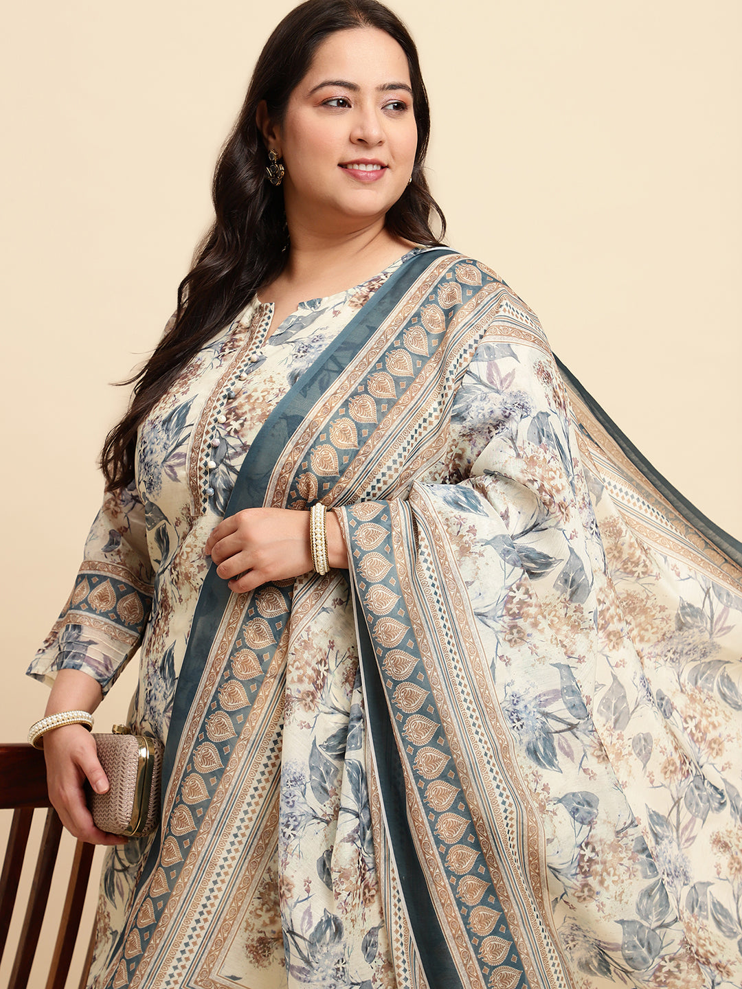 Women White Printed Plus size Kurta Set with Dupatta-SC446PL-CBD