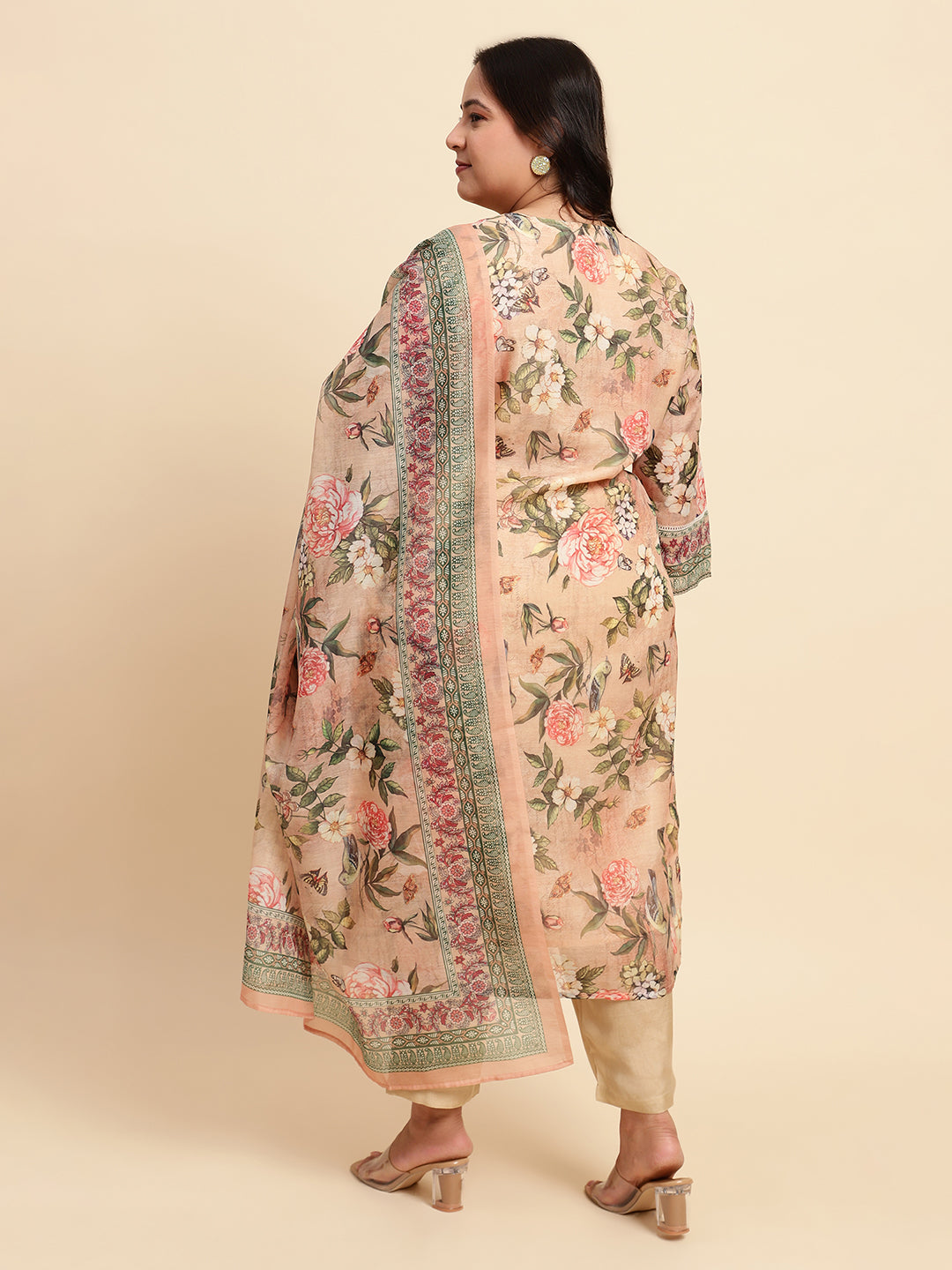 Women Peach Printed Plus size Kurta Set with Dupatta-SC447PL-CBD