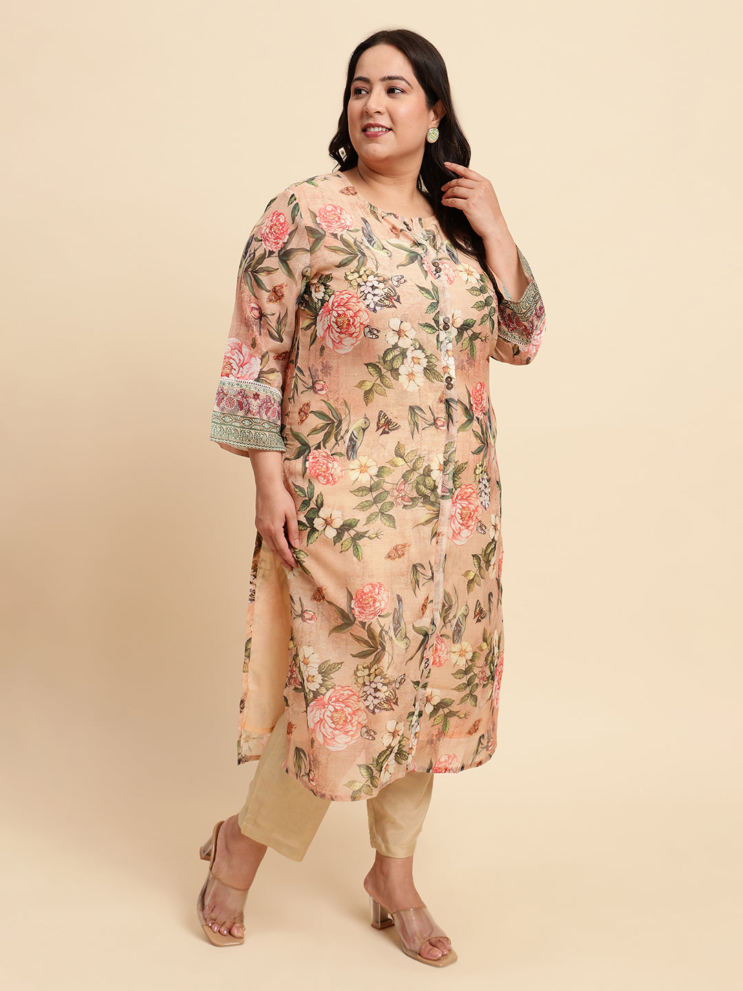 Women Peach Printed Plus size Kurta Set with Dupatta-SC447PL-CBD