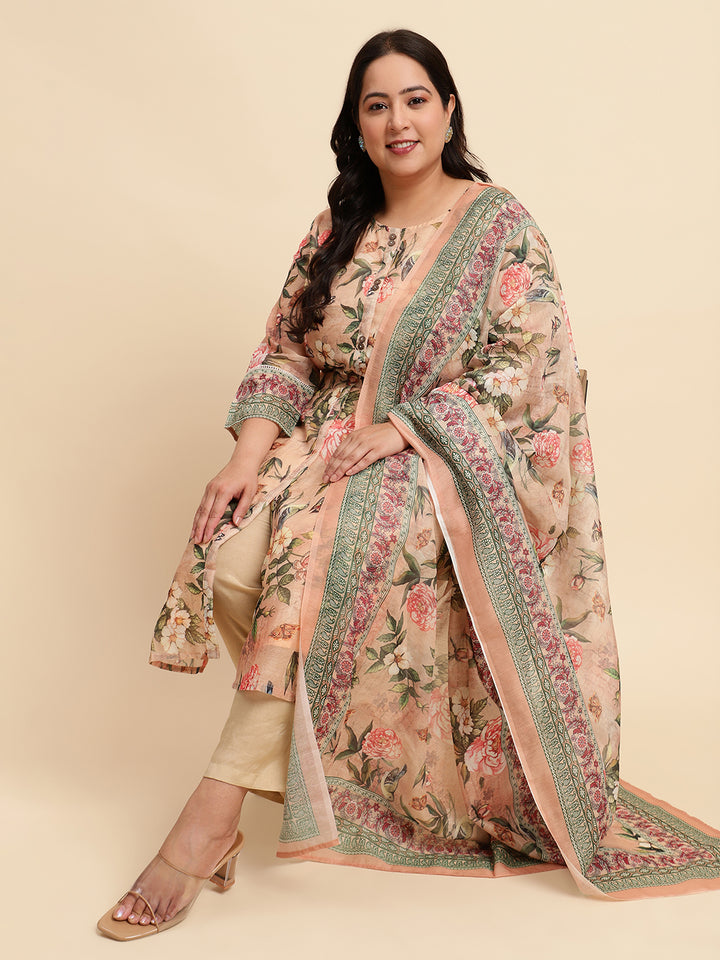 Women Peach Printed Plus size Kurta Set with Dupatta-SC447PL-CBD