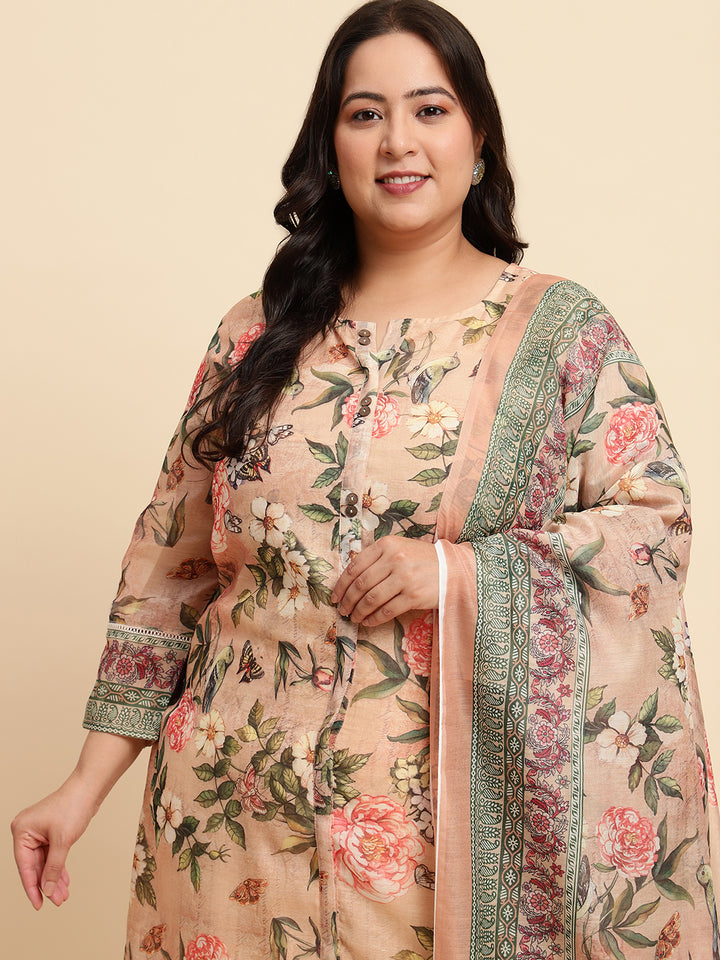 Women Peach Printed Plus size Kurta Set with Dupatta-SC447PL-CBD