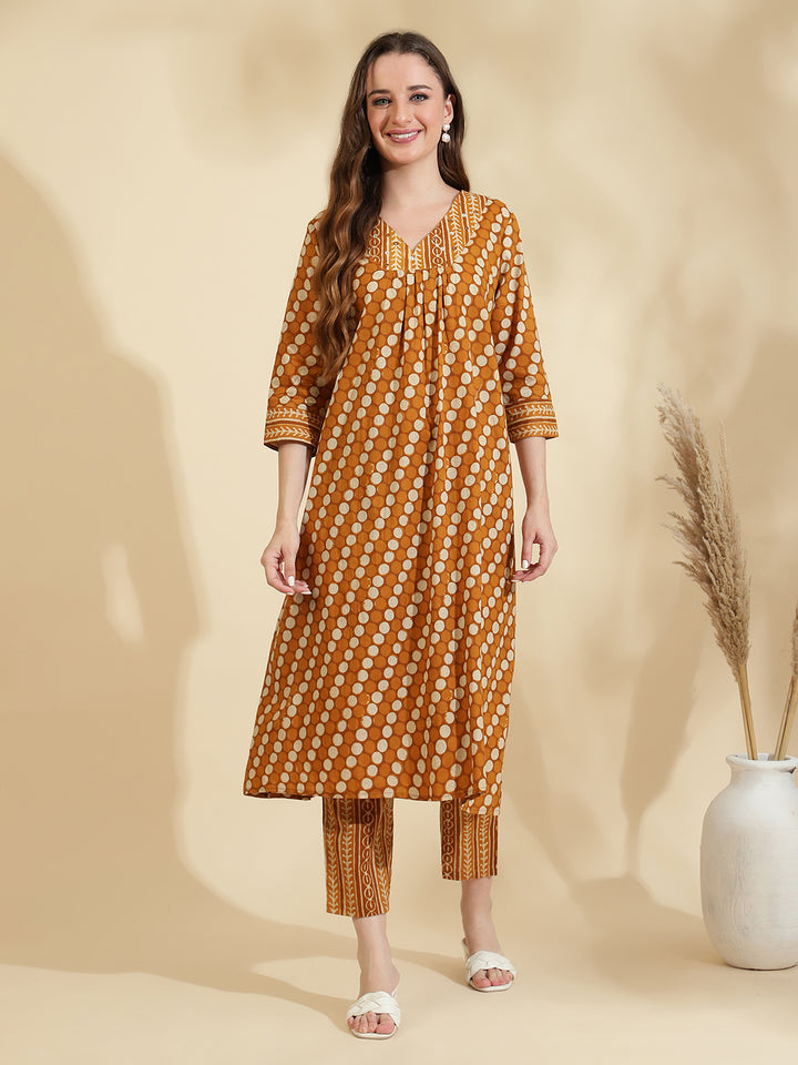 Womens Mustard Printed A Line Regular Size Kurta Set