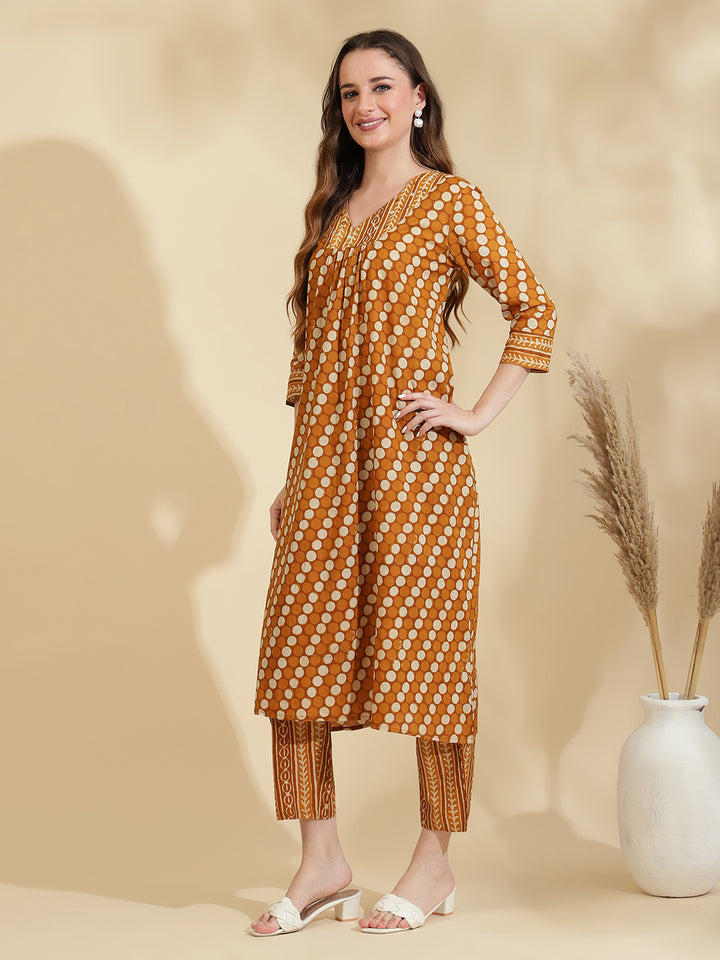 Womens Mustard Printed A Line Regular Size Kurta Set