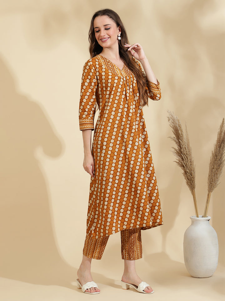 Womens Mustard Printed A Line Regular Size Kurta Set