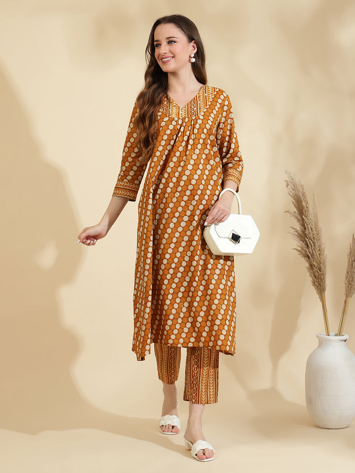 Womens Mustard Printed A Line Regular Size Kurta Set